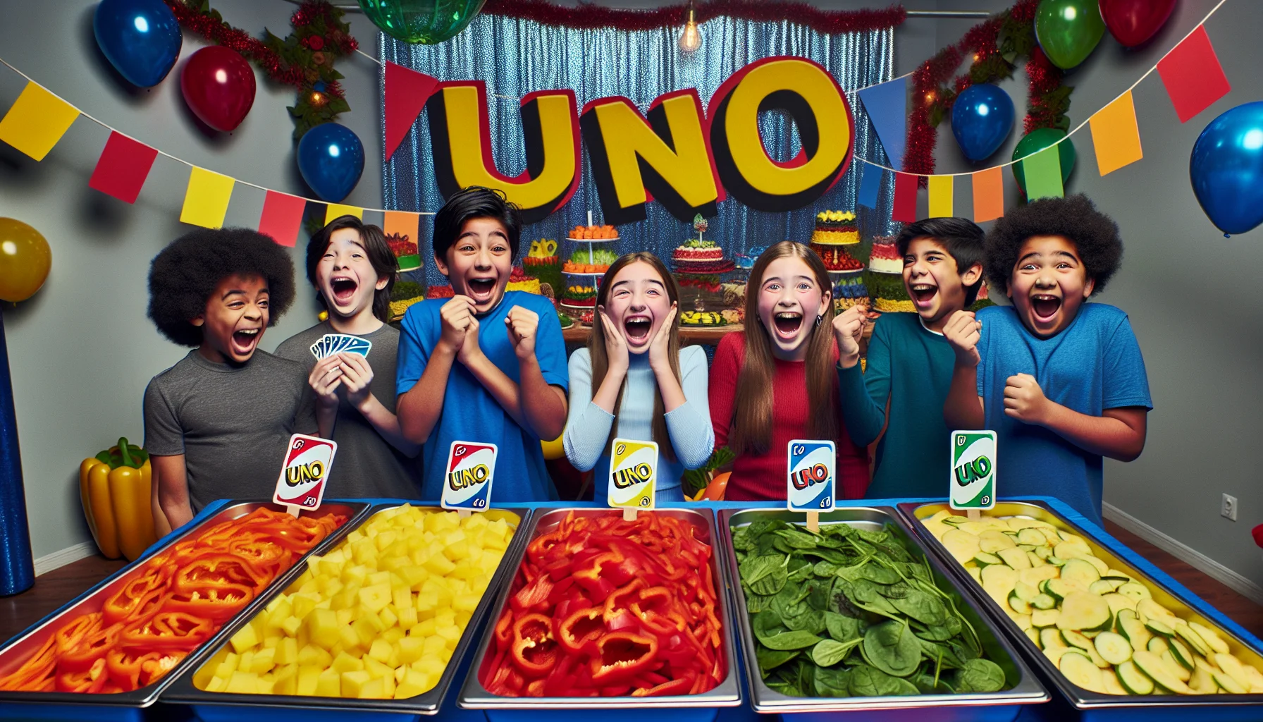Picture a hilarious scene at an Uno-themed birthday party. The food table is extravagantly decked out with vibrant, healthy dishes corresponding to the colors of Uno cards: bright red bell pepper slices, sunny yellow pineapple chunks, lush green spinach salads, and deep blue blueberries. Each dish has a small Uno card standing in it for a touch of fun. The attendees, a diverse group of children of various genders - a hispanic boy, a caucasian girl, a Middle-Eastern boy and a South Asian girl - are laughing and pointing, wide-eyed, at the price tags which amusingly show very low costs. The setting promotes a lively and comedic atmosphere encouraging everyone to try these economical, nutritious party treats.