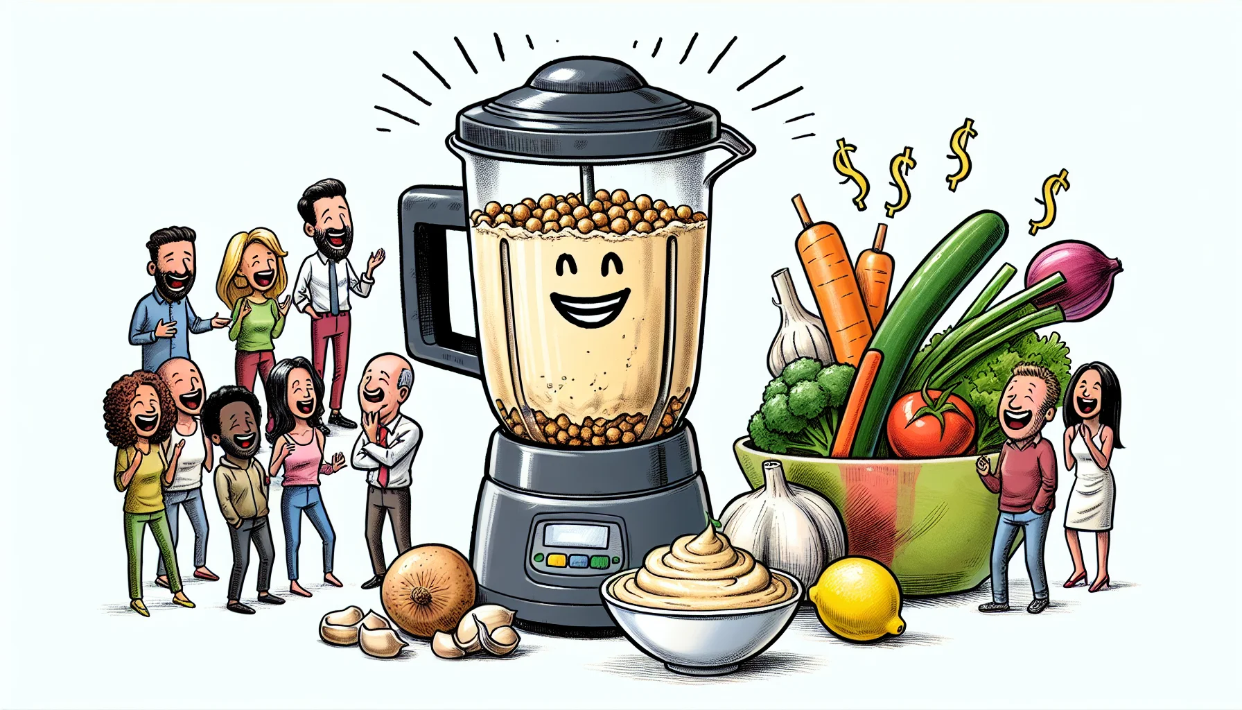 Illustrate a humorous and enticing scene aimed at promoting healthy eating on a budget. In the center, depict a blender full of creamy hummus made from affordable ingredients like chickpeas, tahini, lemon, garlic, and olive oil. Surrounding it, imagine people of different genders and descents having a good laugh while enjoying this homemade hummus with colorful vegetable sticks. Emphasize the richness and freshness of the ingredients and the joy from eating healthy without burning a hole in the pocket.