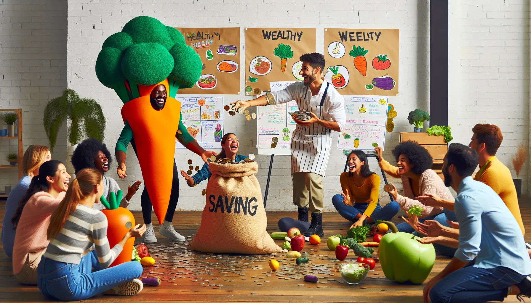 Visualize a vibrant, playful, and humorous scene hosting a Weekly Health and Wellness Discussion. A diverse mix of individuals participate; an Hispanic man dressed as a carrot, a Middle-Eastern woman dressed as an apple, a Black woman holding a giant broccoli scepter, and a Caucasian man flipping coins into a sack labeled 'savings' all circulate in an open space filled with charts and posters about budget-friendly healthy eating. Everyone is laughing, engaging in conversations, and sharing healthy, cost-effective recipes. The energy is palpable and the room is filled with the spirit of well-being and mindful spending.