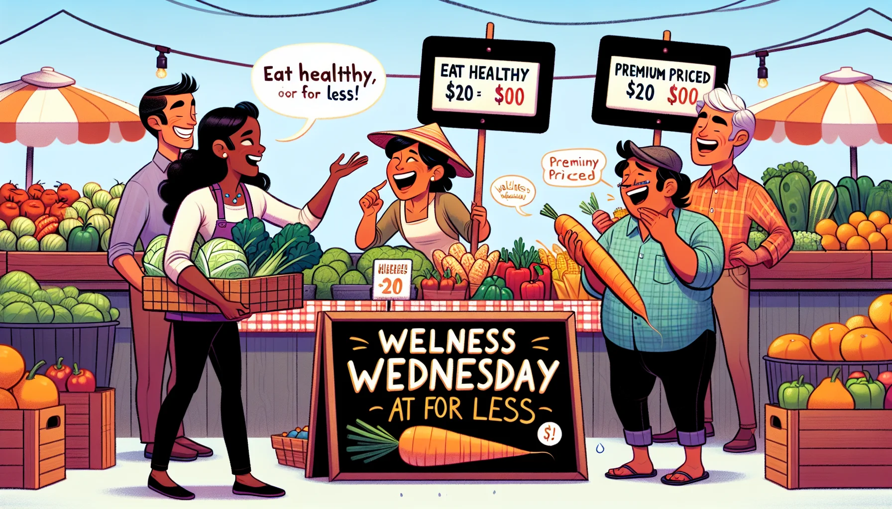 Create a comical illustration representing Wellness Wednesday tips. The image should depict a lively farmer's market with people from diverse descents like Black, Caucasian, and South Asian, intentionally choosing budget-friendly, healthy produce. An Asian woman is bargaining with a South Asian vendor over the price of organic vegetables, with a sign reading 'Wellness Wednesday: Eat Healthy for Less'. Nearby, a Caucasian man is laughing while holding a huge carrot and comparing it to a premium priced bag of chips. The atmosphere is jovial, light-hearted, and encouraging the idea of cost-effective healthful choices.