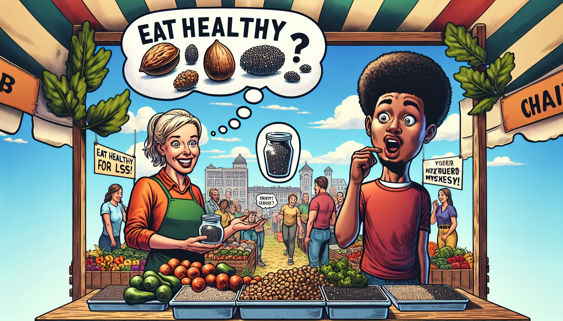Envision an amusing scene promoting healthy, inexpensive eating habits: a bustling farmers market full of vibrant produce under a sunny sky. In the center spot, a stand with a big banner reading 'EAT HEALTHY FOR LESS' attracts attention. A jovial Caucasian lady vendor gives out taste-testing samples of chia seeds. Next to her, a surprised Black man has just tried chia seeds for the first time, his face amusingly perplexed in trying to figure out the taste. A comical thought bubble above his head showcases an unusual flavor fusion - imagine mini crunchy balls tasting like a blend of nut, earth and mystery, visually represented by a giant nut, a clump of soil and a question mark respectively.
