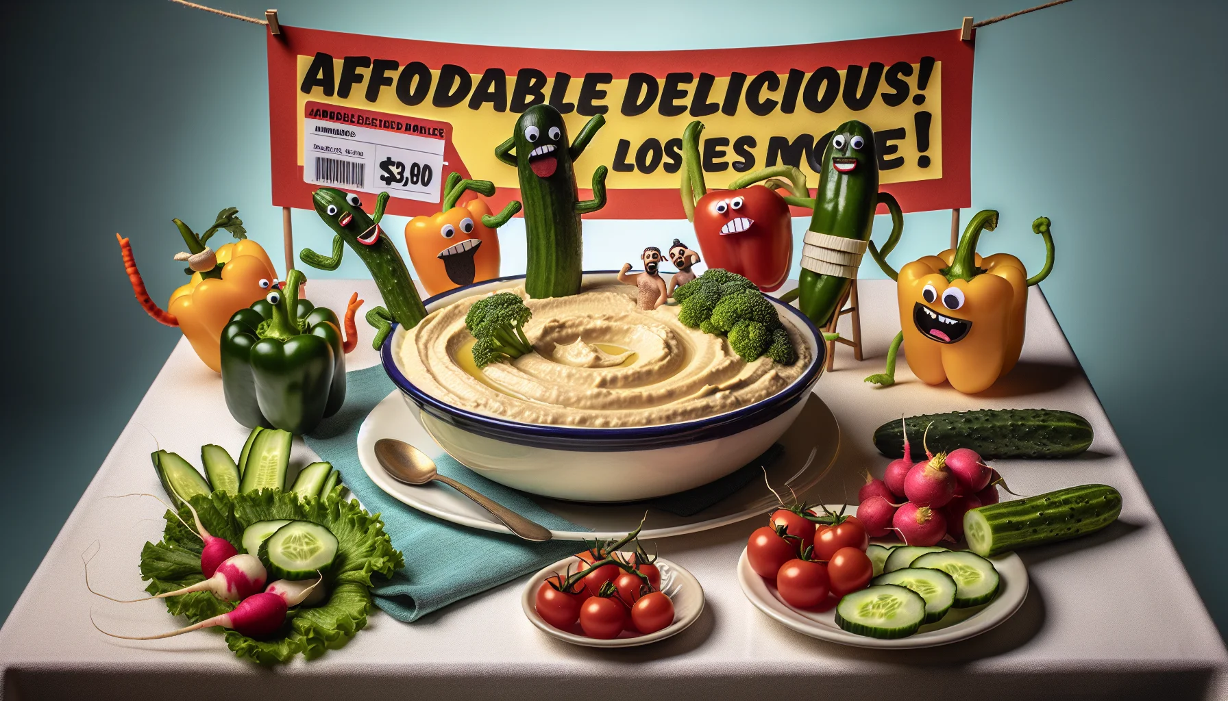 A humorous and enticing scene showcasing the benefits of eating healthily for less money. A prominent bowl of creamy hummus sits at the center of a beautifully set table. Various vegetables like bell peppers of different colors, sliced cucumbers, fresh cherry tomatoes, and crispy radishes look eager to dive into the hummus bowl as if they were swimmers about to jump into a pool. The vegetables display hilarious expressions and funny poses, flirtatiously suggesting that healthy food can also be fun. The back backdrop of the scene shows a price tag reading 'Affordable and Delicious!'