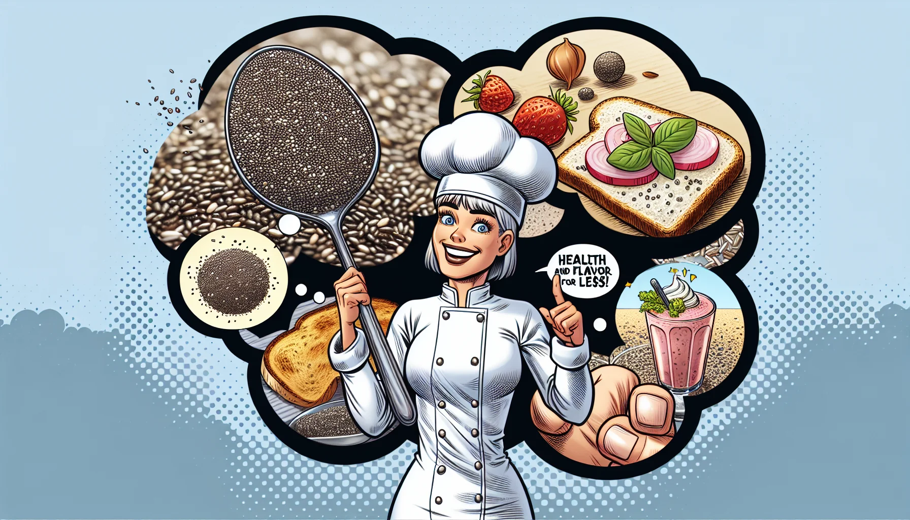Create a comical scene depicting the affordable, healthy benefits of chia seeds. Picture this - a cartoon chef, a Caucasian woman with a beaming smile, is presenting a large spoonful of chia seeds in her right hand. The seeds magnified to show their texture. Surrounding her are thought bubbles, filled with a variety of fun and appetizing concepts inspired by the flavor of chia seeds. Think of a bubble featuring tiny sprinkles of chia on a piece of whole-grain toast, another with a chia-laden smoothie, and more. Caption at the bottom reads, 'Health and Flavor for Less!'