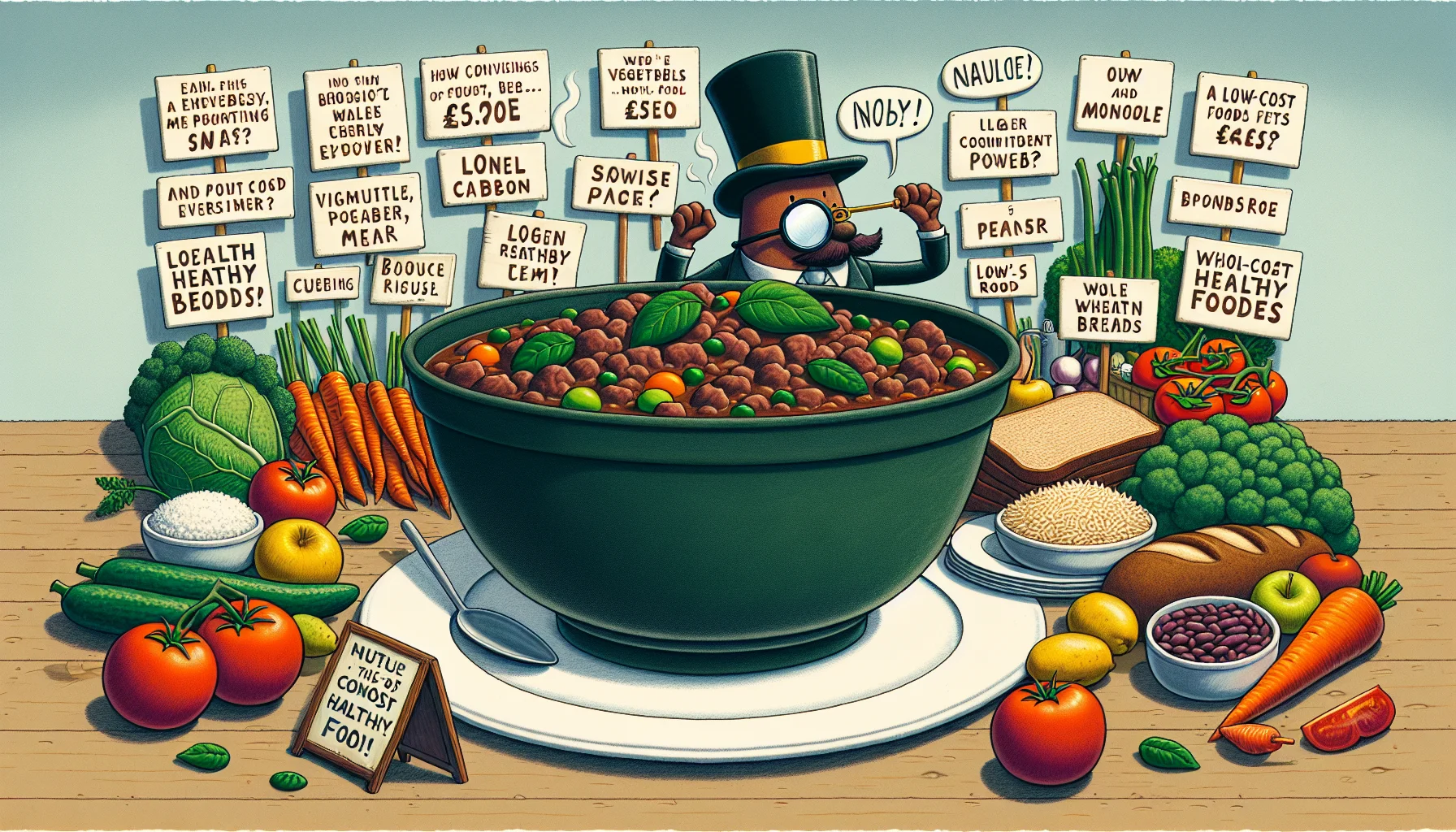 Visualize a comical scenario where a large, beautifully prepared bowl of beef stew is animatedly engaged in convincing a range of fruits, vegetables, and low-cost healthy foods about the value of pairing with it. The stew may adopt a convincing posture, wearing a top hat and monocle, while the fruits and veggies exhibit various reactions, from skepticism to enthusiasm. The scene incorporates many of these food items such as carrots, tomatoes and potatoes, brown rice, beans, whole wheat breads - suggesting a presence in a lively market environment or a lively kitchen. The theme of the illustration should emphasize affordability and nutrition, with a lighthearted, appealing touch.