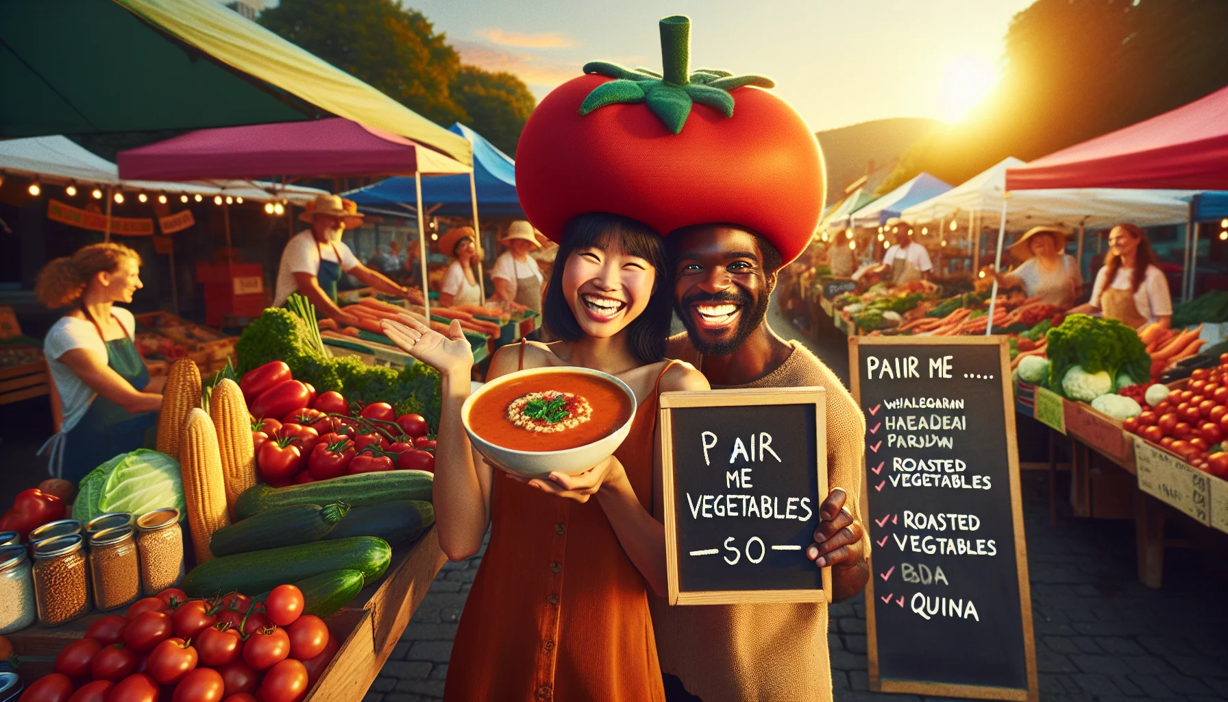 Create an image of a vibrant and colorful farmer's market scene with various stalls selling an assortment of healthy vegetables. One stall stands out - it's selling humorous tomato-shaped hats. In the foreground, an Asian woman wearing one of these funny tomato hats is smiling and holding a large bowl of steaming tomato soup. Next to her, a Black man enthusiastically displays a big sign that reads 'Pair me with...' followed by a chalkboard listing affordable, health-conscious choices like 'wholegrain bread', 'roasted vegetables', 'quinoa'. The setting sun casts a beautiful golden hue on their faces, encapsulating the joy of wholesome eating.