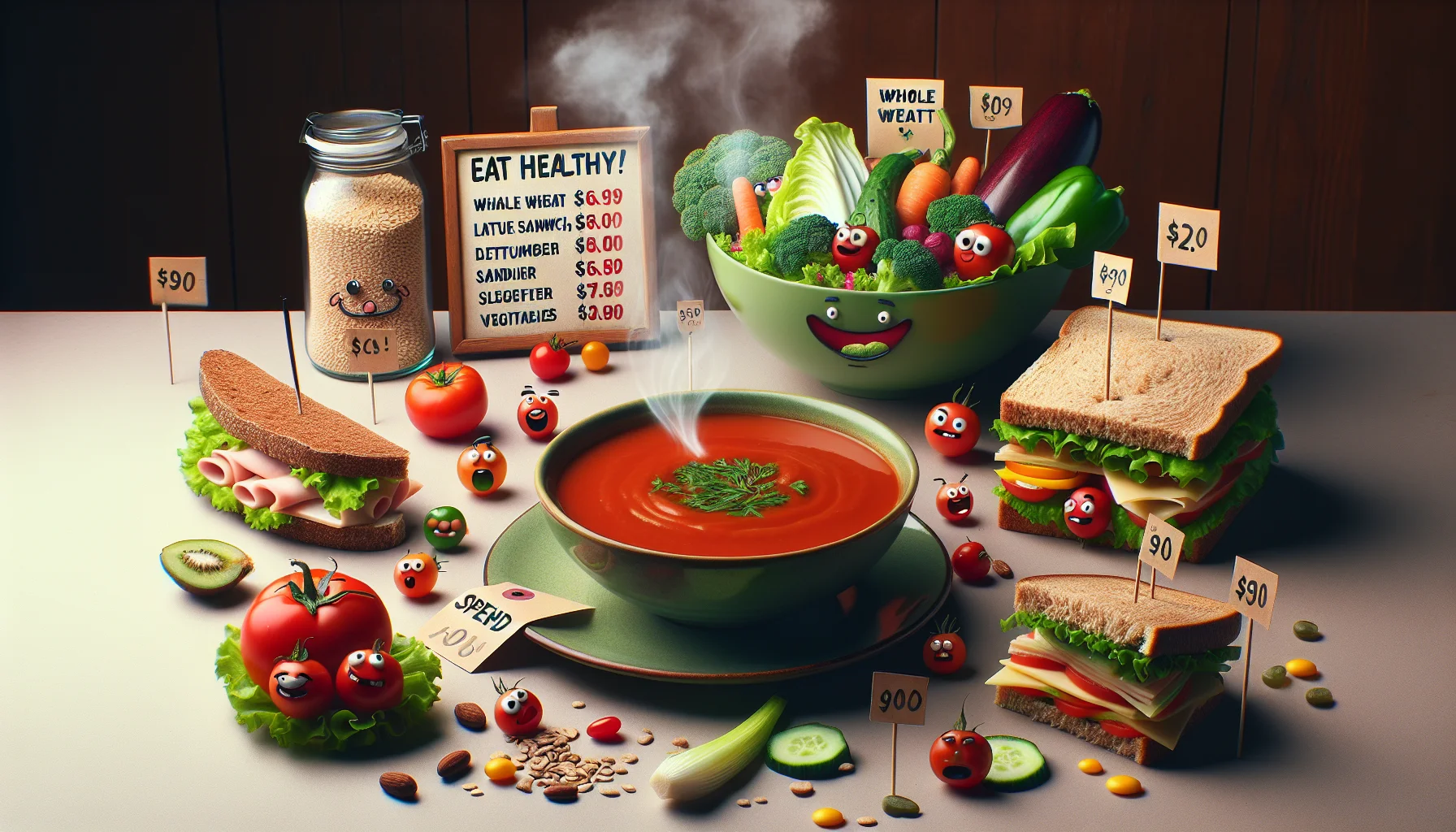An entertaining scene where a bowl of steaming tomato soup sits on a table. Surrounding the bowl are inexpensive yet healthy food items, such as a whole wheat sandwich, filled with lettuce and turkey, and a vibrant, large salad with diverse vegetables. In a light-hearted twist, the food items have been personified and are pulling funny faces or doing little comical dances. Scattered around are price tags showing very low costs, all under a banner reading, 'Eat Healthy, Spend Less!' The goal of the image is to make viewers laugh and realize that cost-effective, nutritious meals can still be enticing.