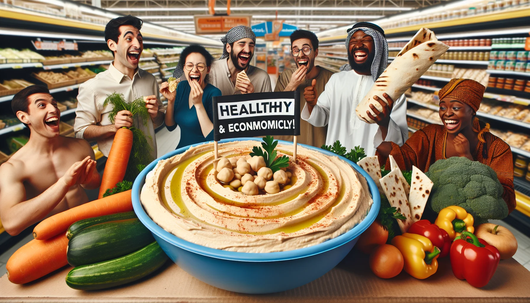 Envision a humorous and realistic scenario promoting healthy eating on a budget. There's a bowl of creamy beige hummus in the center of a supermarket. The hummus is garnished with olive oil, paprika and parsley. It has a mini flag with 'Healthy & Economical' written. There are people of different descents and genders chuckling while holding veggies and pita bread, ready to dive into the hummus. One man, of South Asian descent, is jokingly dressed in a chickpea costume, holding a sign 'Eat Me!' An African woman is laughing, comparing a large organic carrot to a crunch bar.