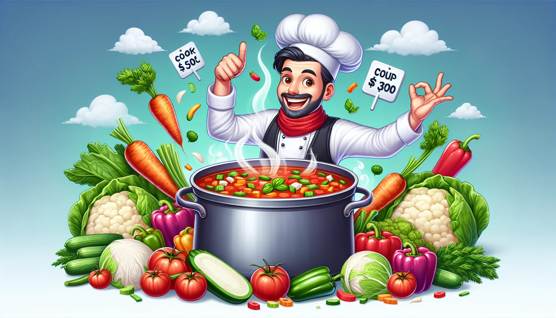 Create a lively and humorous image where a lively South Asian male chef is playfully adding ingredients into a large pot of steaming tomato soup. There are piles of fresh vegetables such as carrots, bell peppers, and cabbages around him waiting to be added to the soup, showcasing a colorful feast. There are also price tags clearly visible next to each pile indicating how affordable they are. The chef's expression and gesture are inviting and encouraging people to try cooking in this fun and healthy way. He should wear a traditional chef's uniform for authenticity, showcasing cleanliness and professionalism.