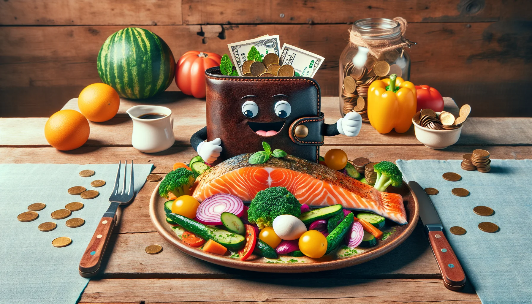 Envisage a humorous scenario promoting healthy eating on a budget. In the center, focus on a wild-caught salmon dish, deliciously prepared, with a myriad of colorful vegetables around it on a rustic wooden table. To add a touch of humor, include an animated wallet sitting beside the plate, displaying a big smile on its face, while it cheerfully counts a pile of coins. Use warm, inviting colors to suggest affordability and highlight the richness of the meal.