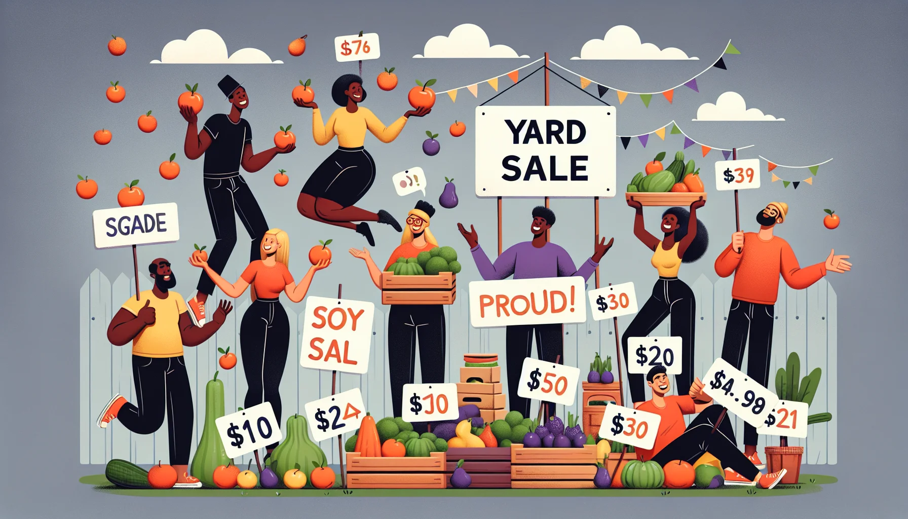 Depict a unique and humorous yard sale scene involving the sale of fresh, healthy produce. A variety of people from different descents, Black, Caucasian, Hispanic, and Middle-Eastern, get excited by the low prices on fruits and vegetables. There are brightly colored signs with organizing tips for yard sales, including correct pricing, attractive display of items, and clever marketing strategies. Additionally, comedic elements such as a person trying to juggle apples, another balancing a pile of oranges in their arms, reflecting the fun side of eating healthy on a budget.